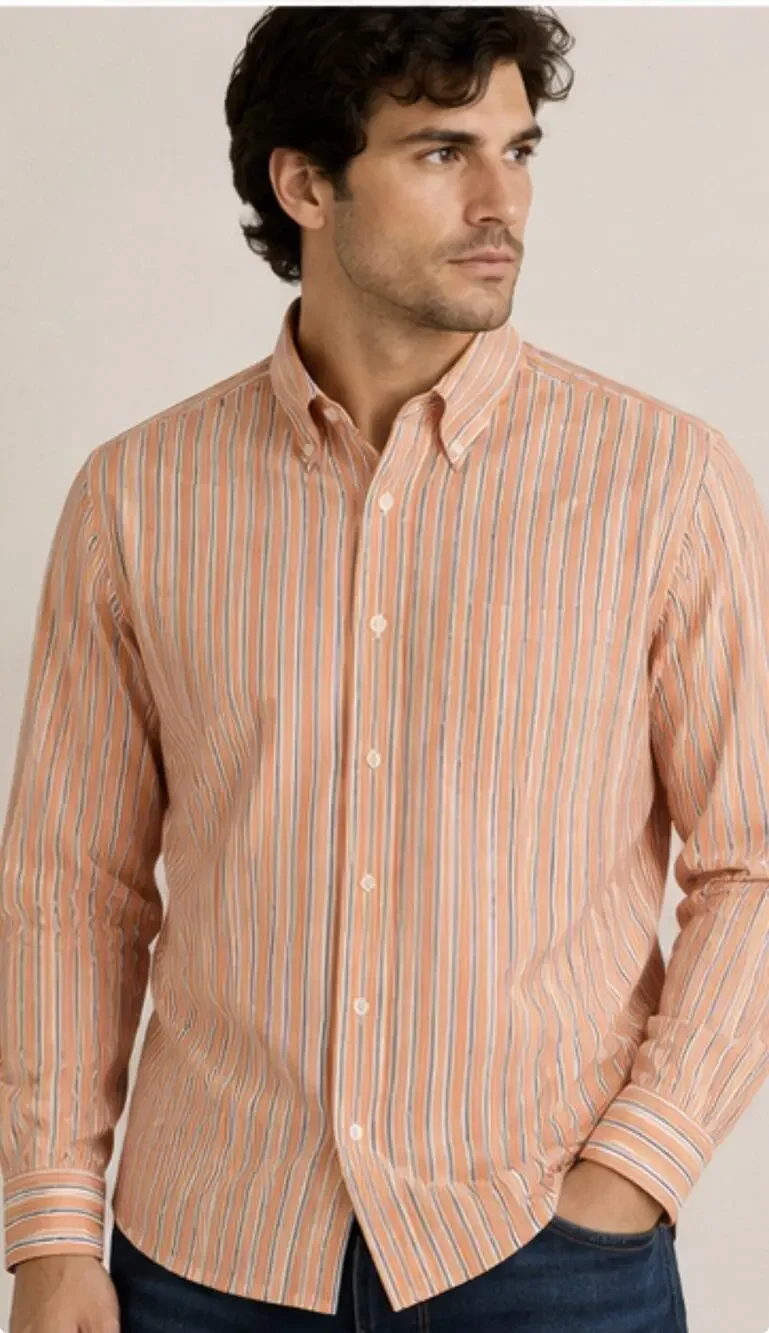 Fairway & Greene Mens M Orange Stripe Golf Shirt Long Sleeve Button Down Cotton